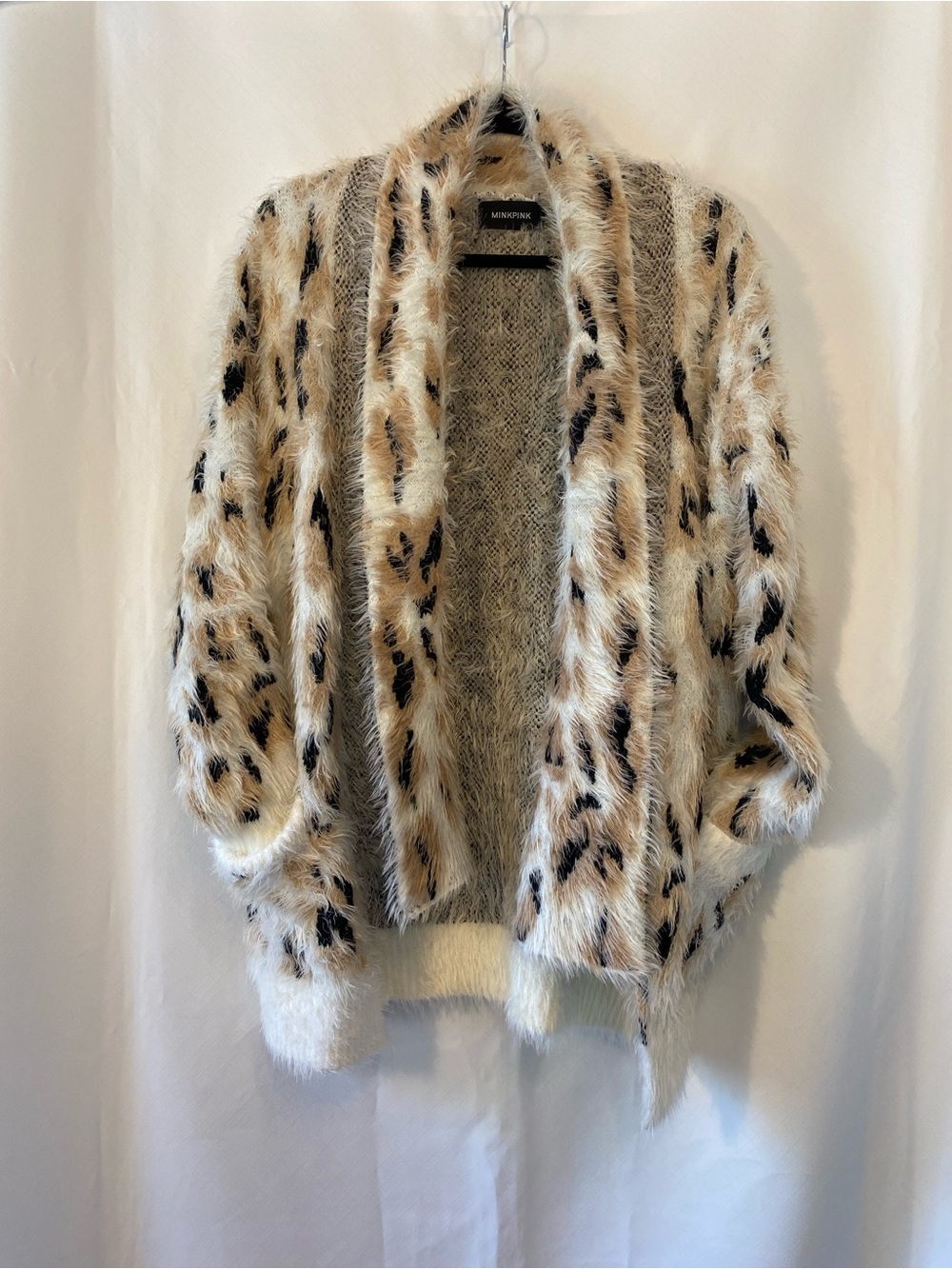 Mink Pink Zippora Cream Animal Print Wrap Sweater Cardigan SM Leopard Print Cozy - Picture 3 of 17